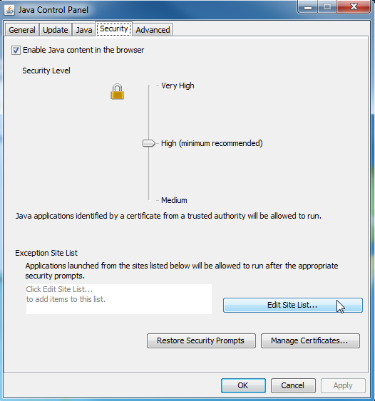 Java Control Panel - Security Tab